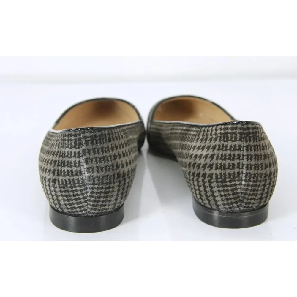 Manolo Blahnik Grey Houndstooth Tweed Ahalaya Cap Toe Ballet Flats